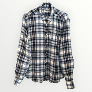 Barbour Button Down Shirt 100% Linen Men's Size Small Blue Plaid